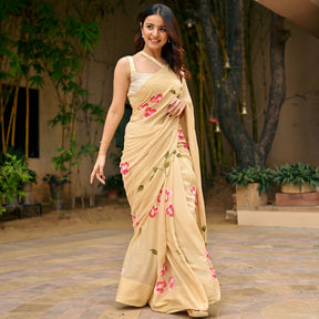 Beige Handbrush Chiffon Saree