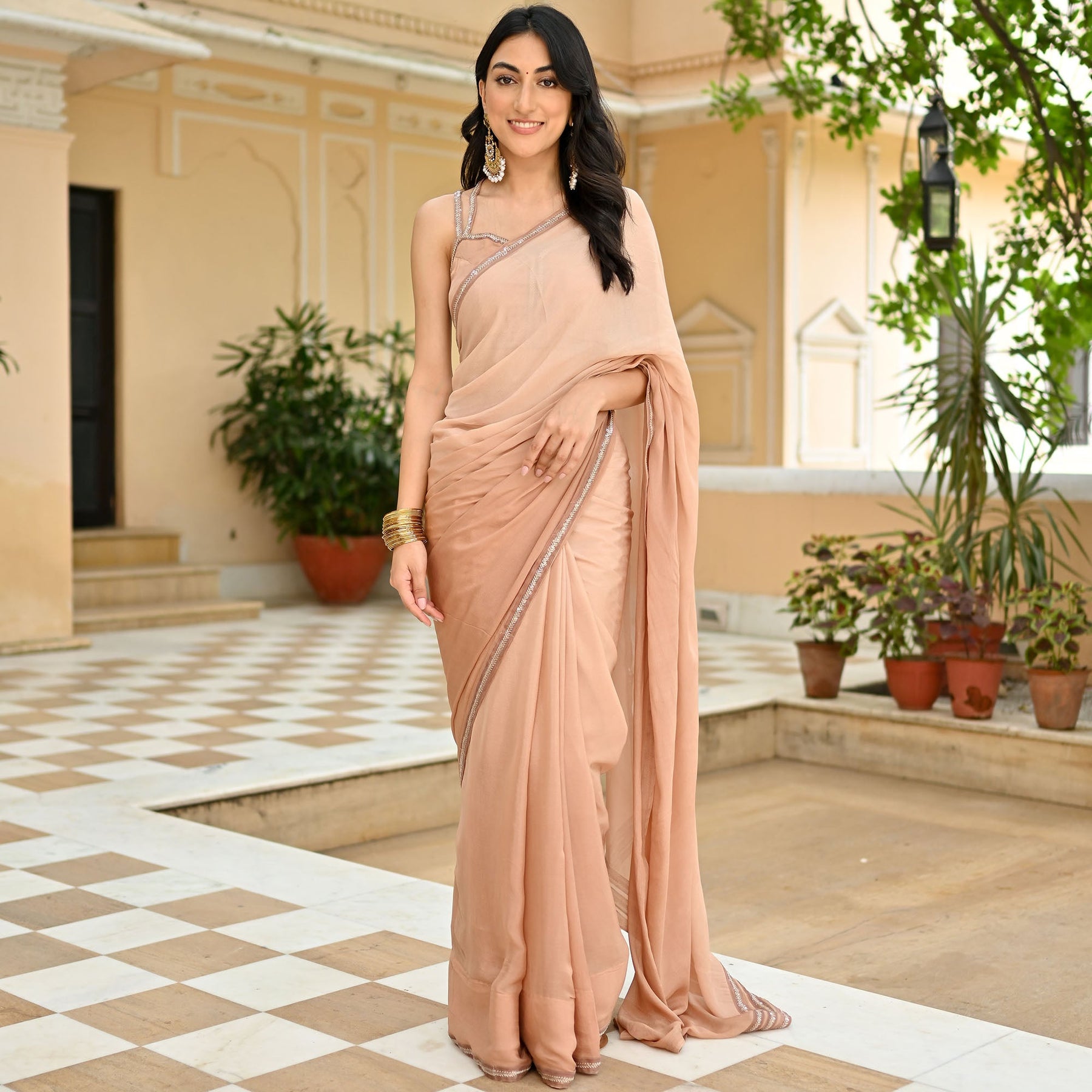 Beige Ombre Chiffon Saree