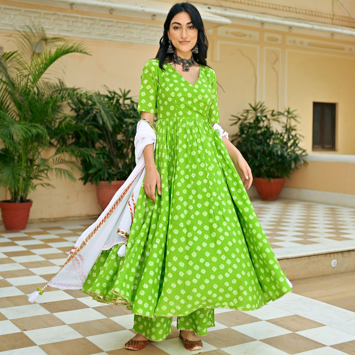 Green Bandhej Anarkali Set