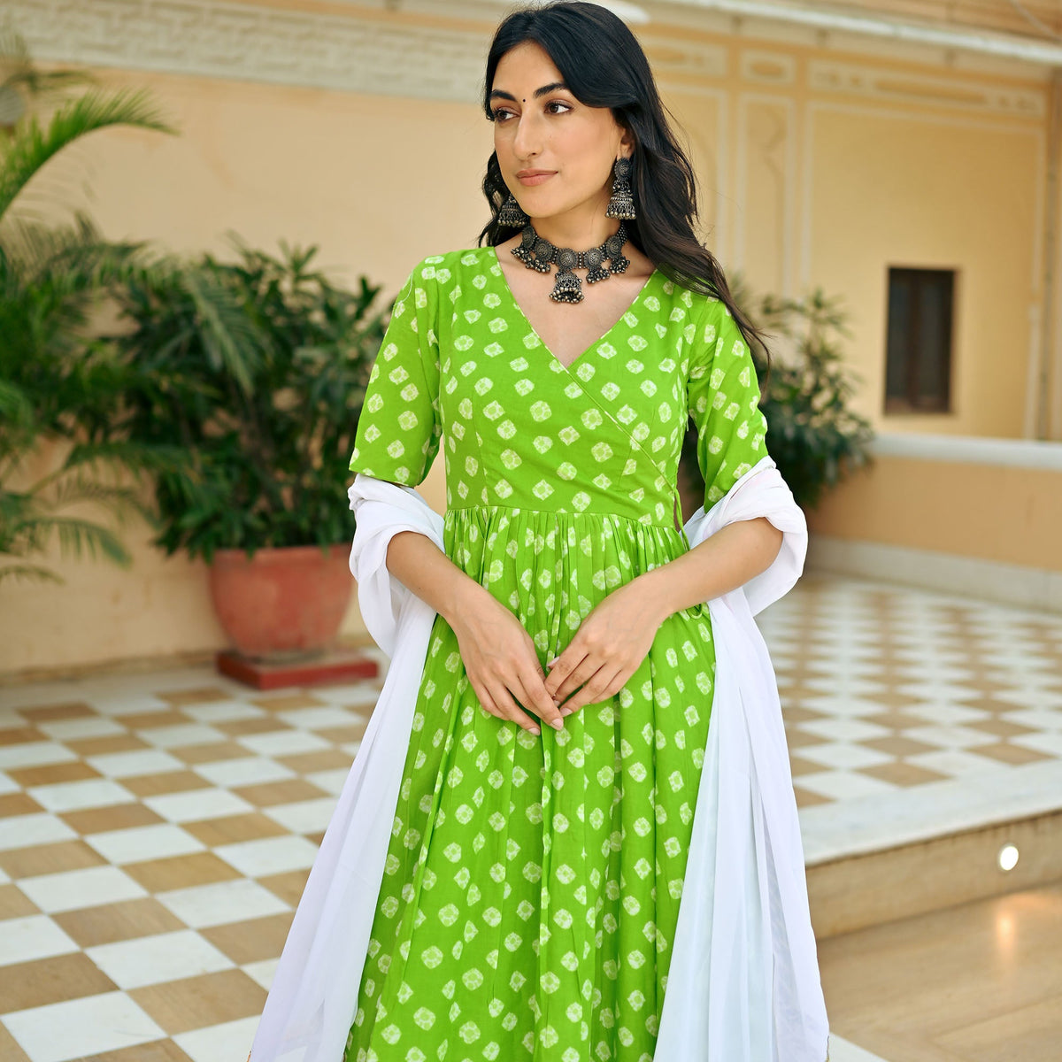 Green Bandhej Anarkali Set