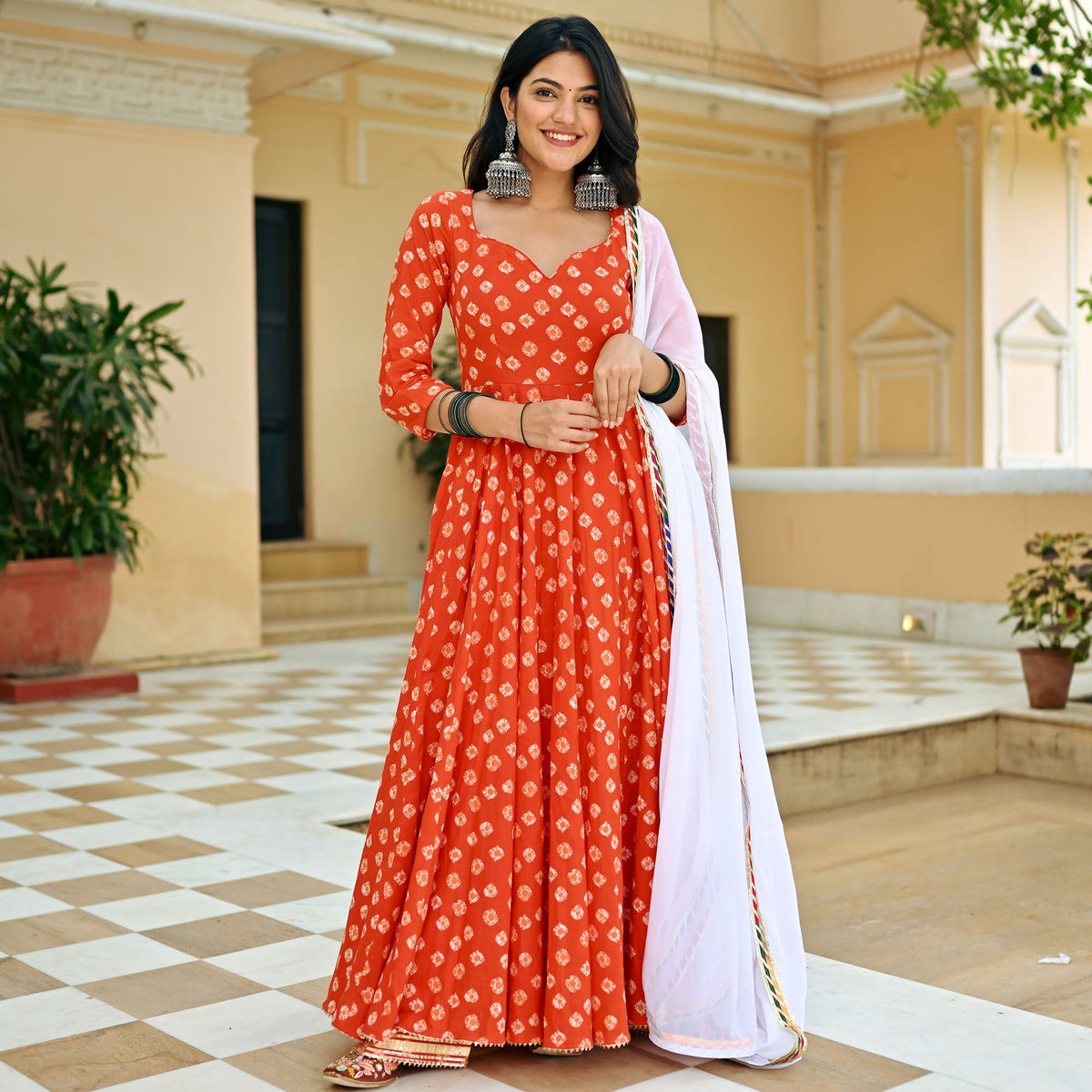 Orange Printed Anarkali Set