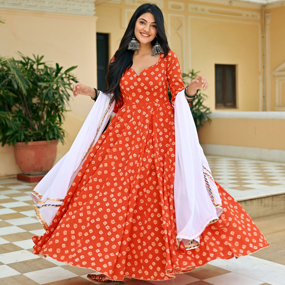 Orange Printed Anarkali Set