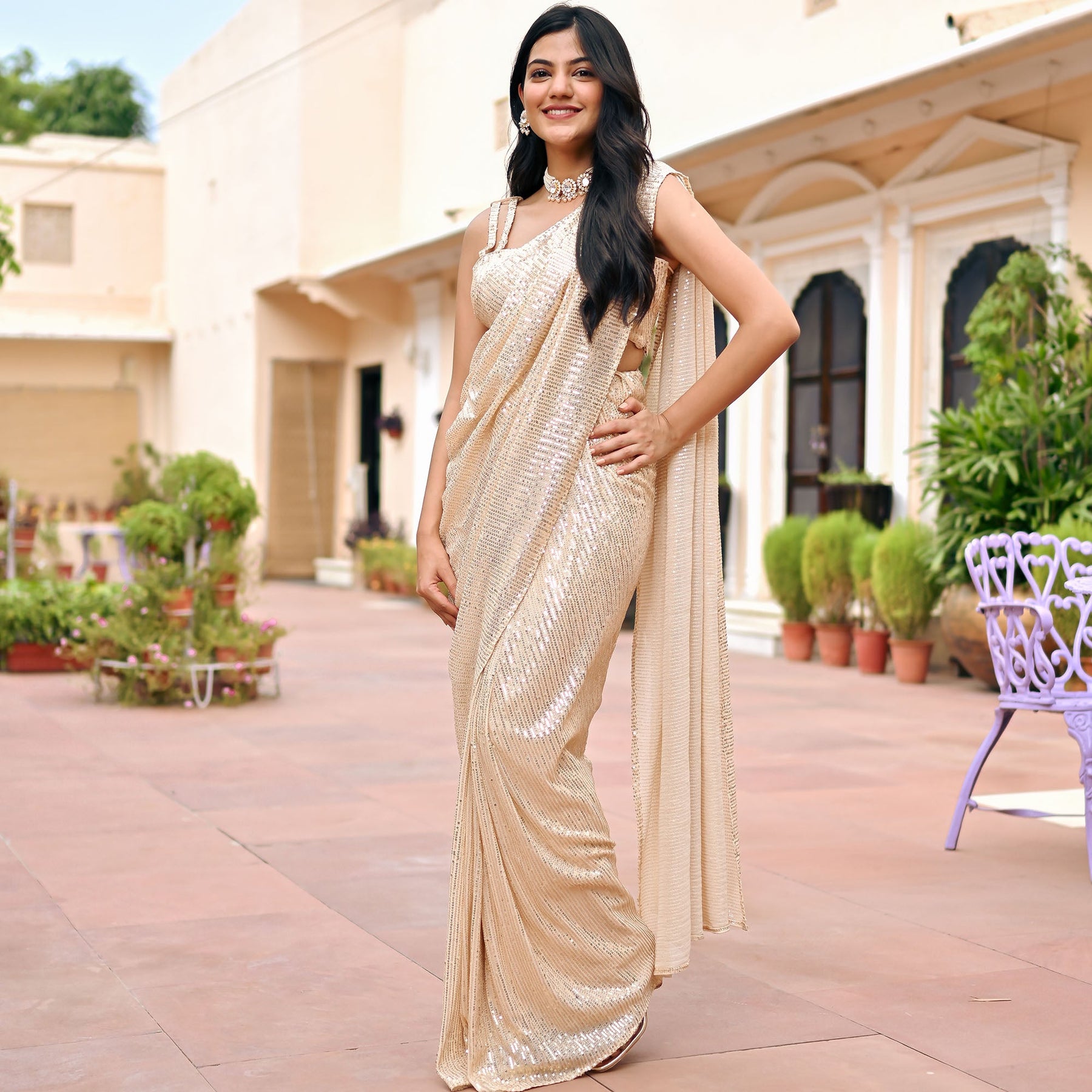 Beige Sequin Ready to Wear Saree