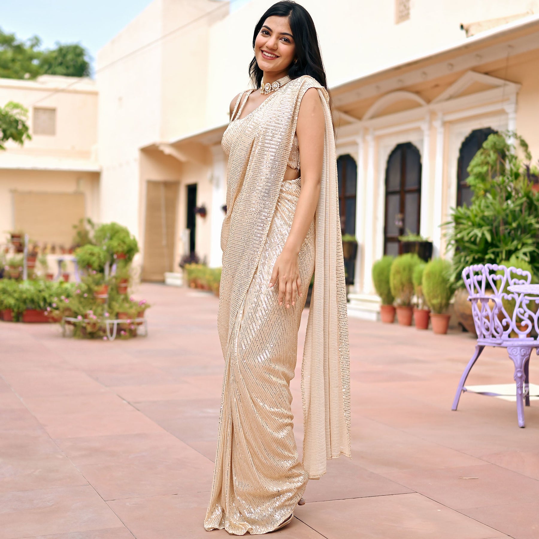 Beige Sequin Ready to Wear Saree