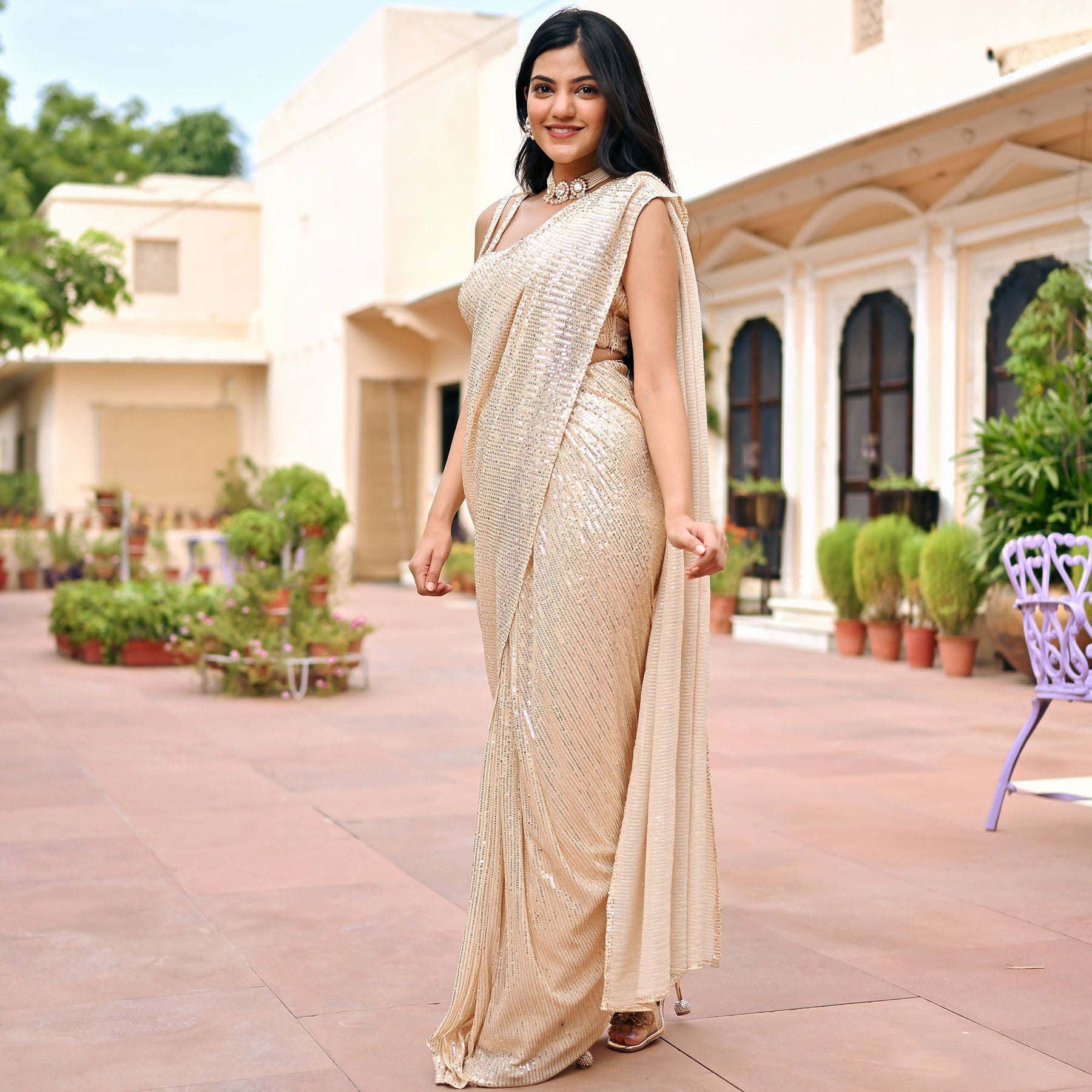 Beige Sequin Ready to Wear Saree