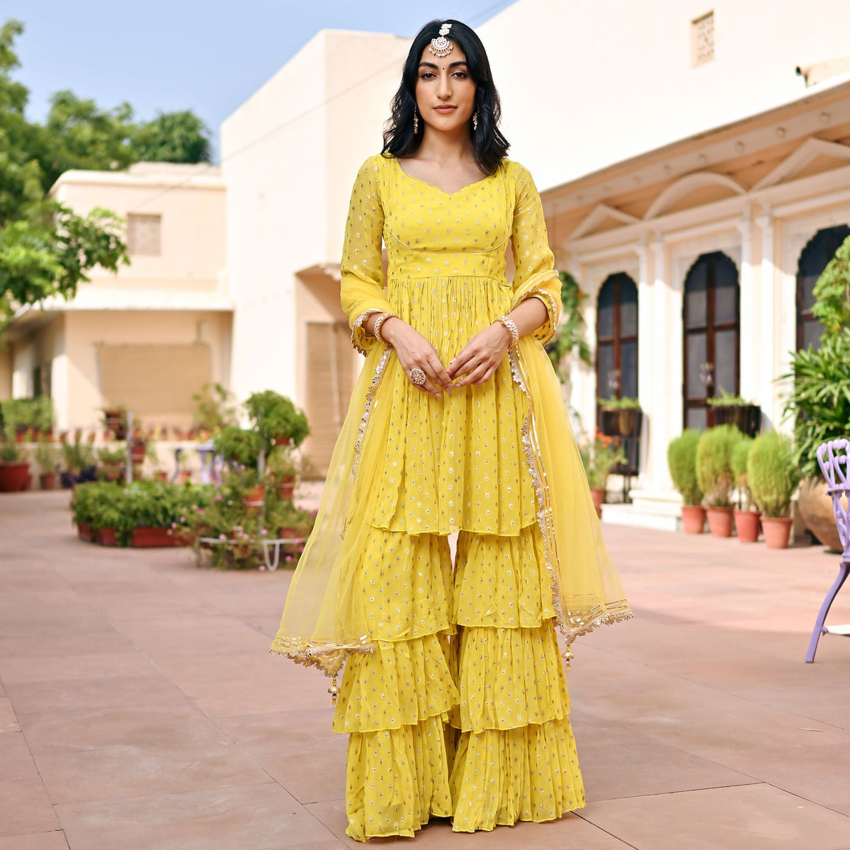 Yellow Georgette Sharara Set