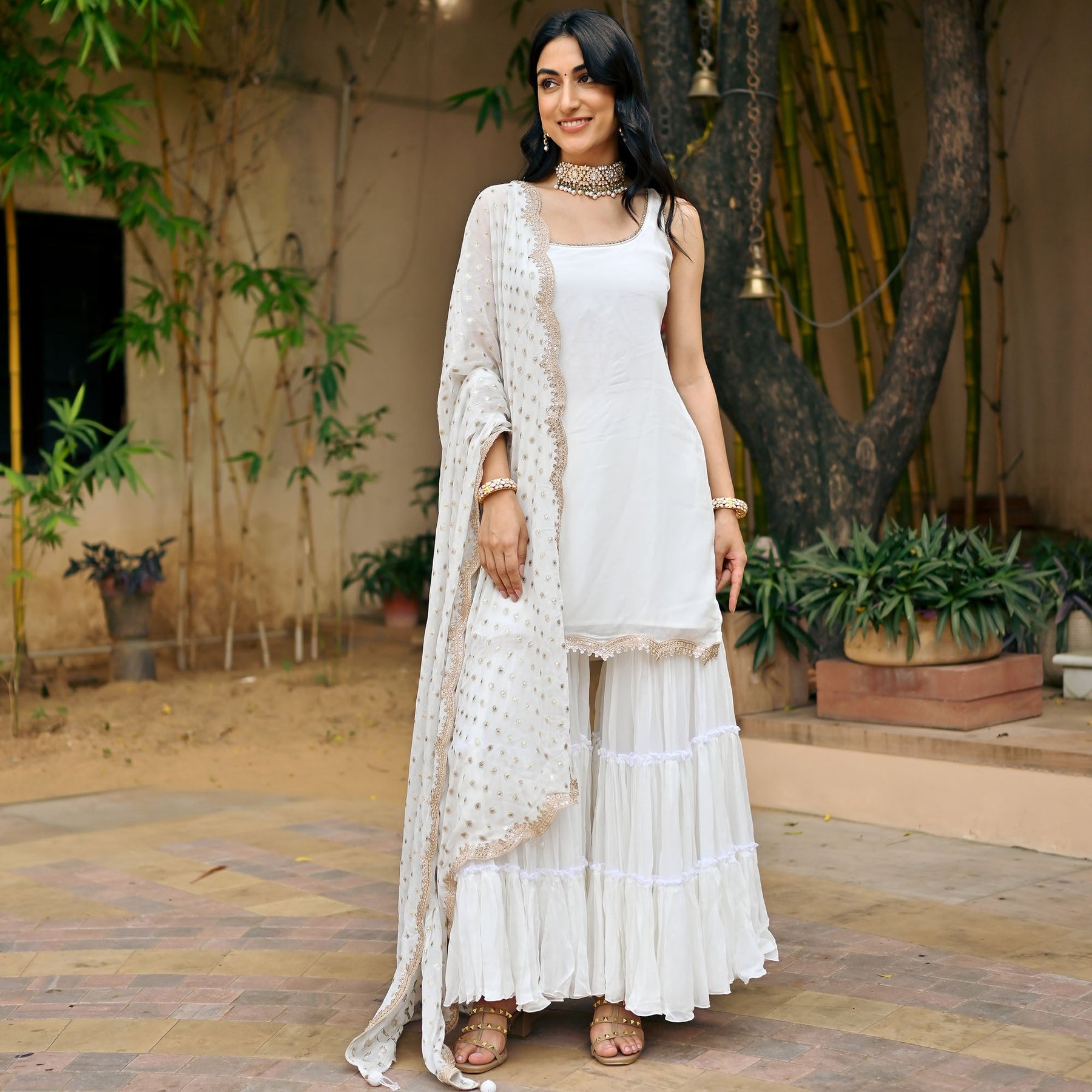 White Georgette Sharara Set