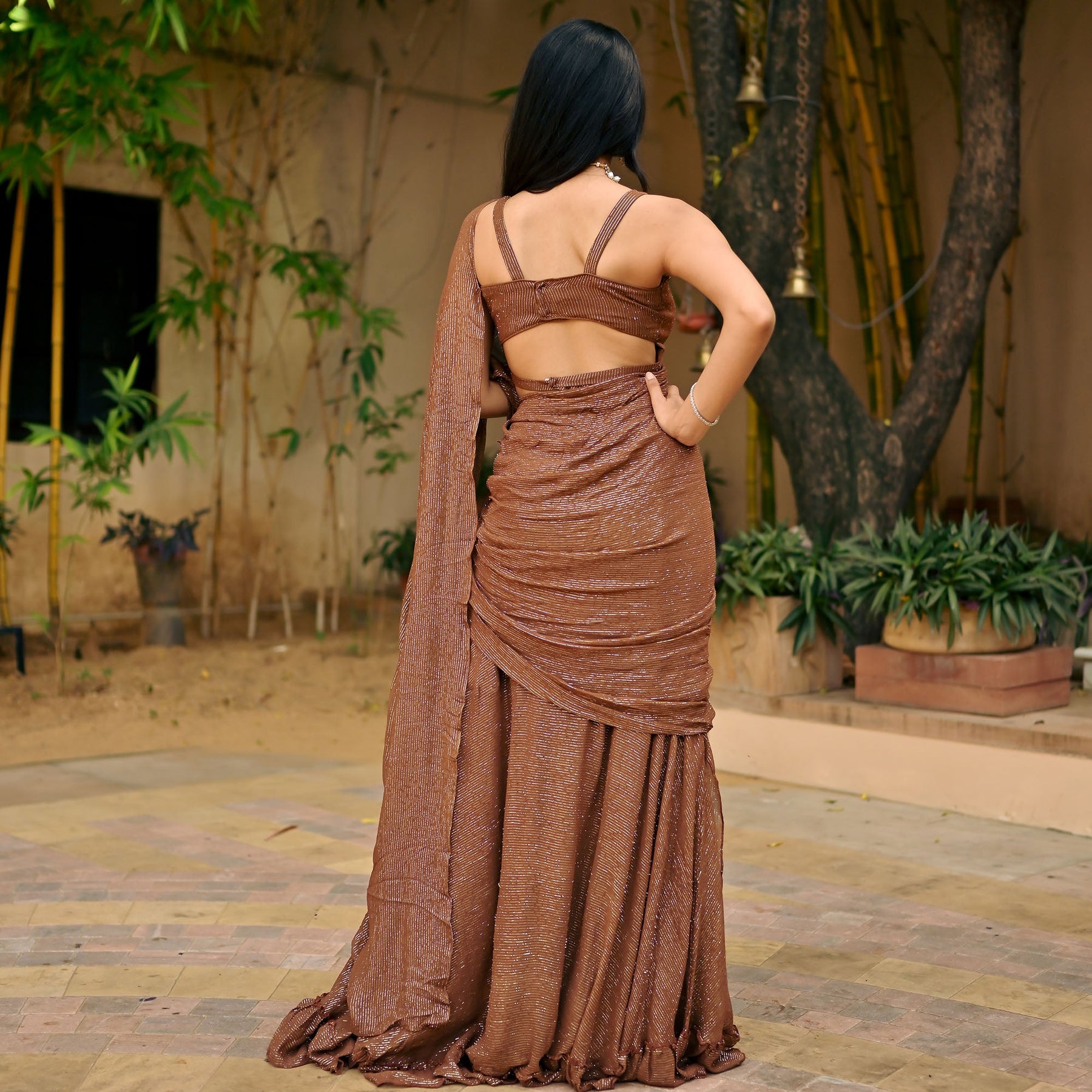 Brown Lurex Pre Draped Saree