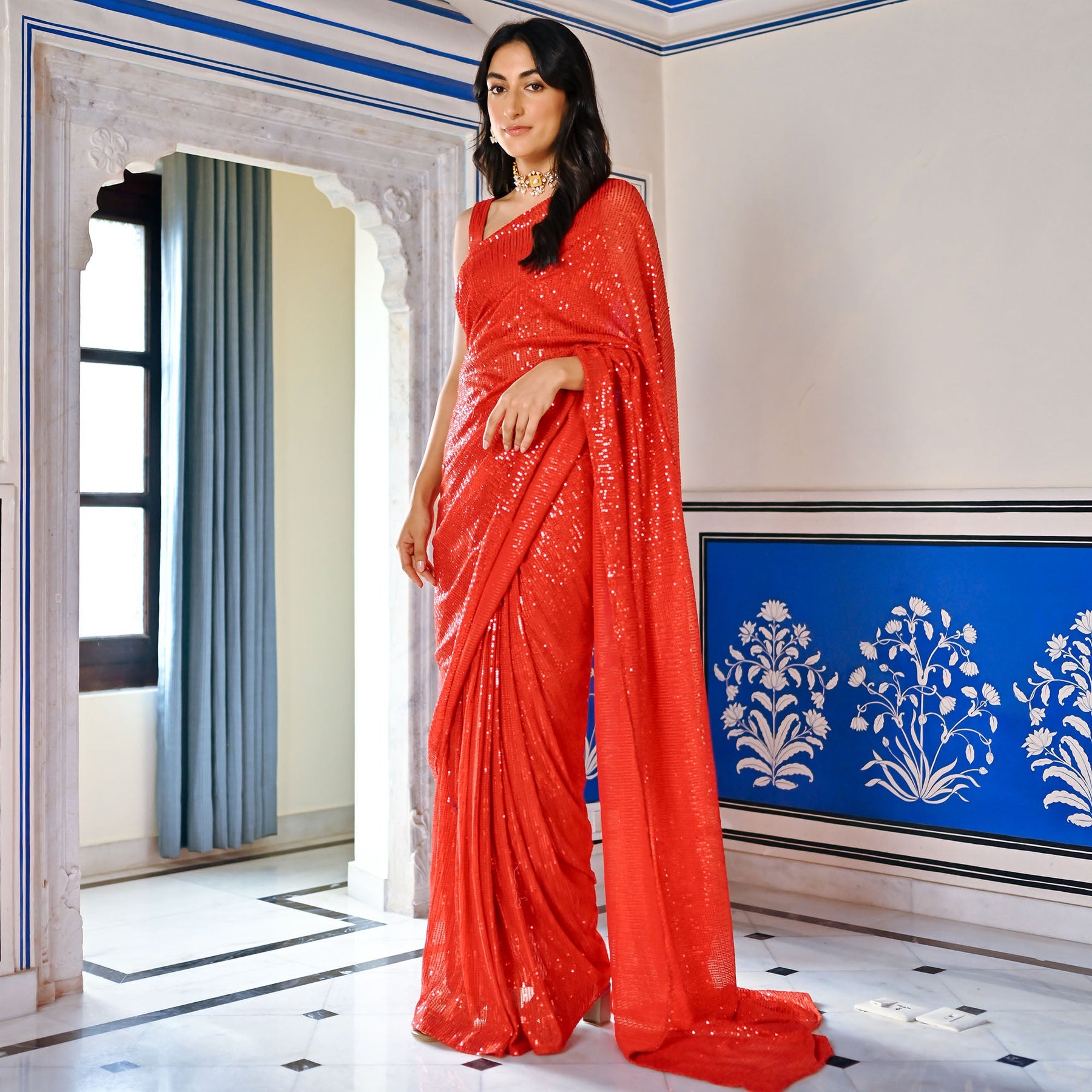 Red Sequin Ready to Wear Saree