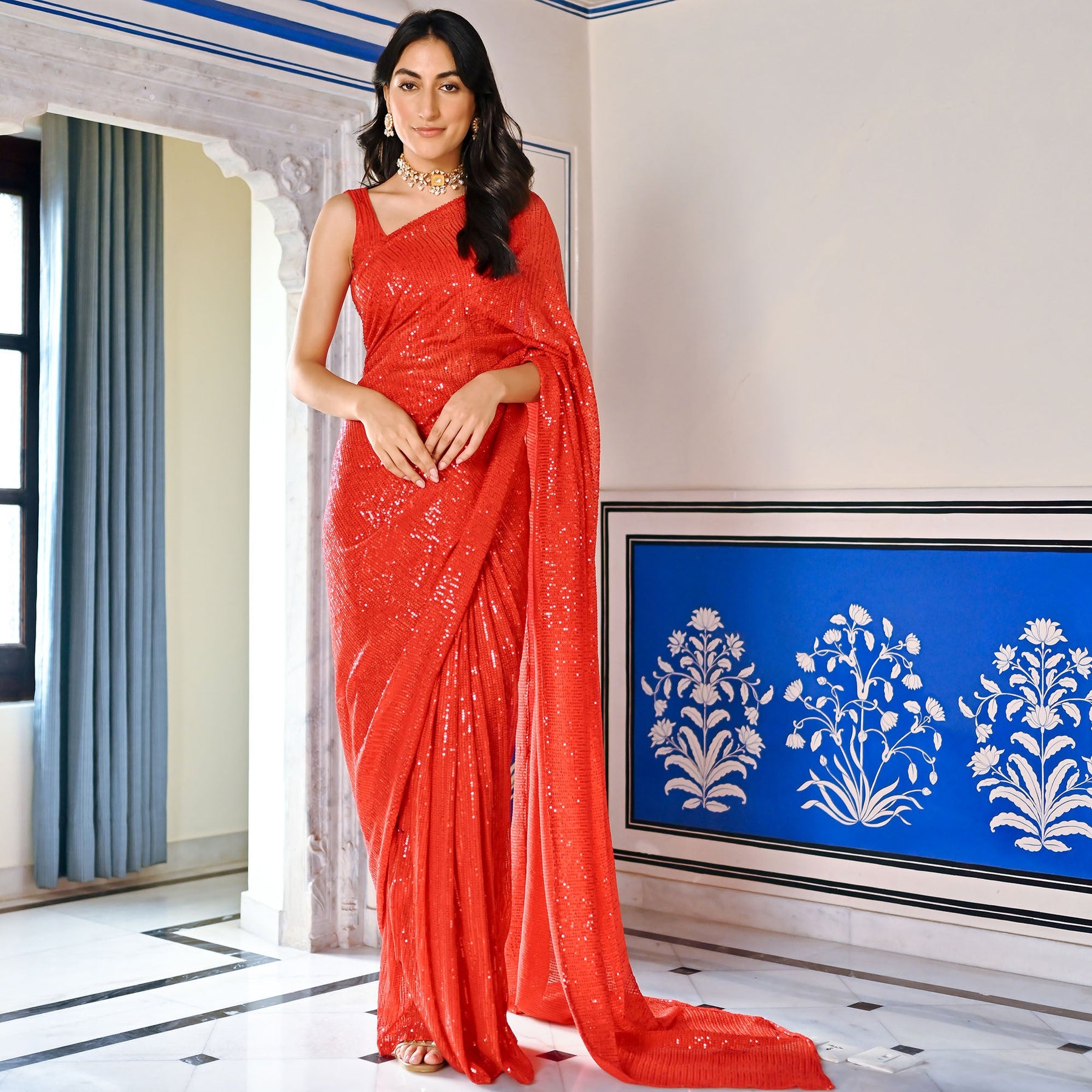 Red Sequin Ready to Wear Saree