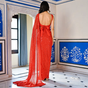 Red Sequin Ready to Wear Saree