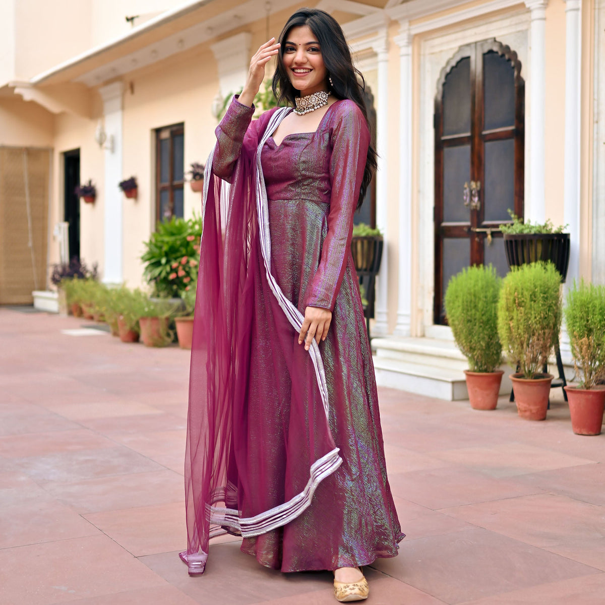 Wine Lurex Anarkali Set