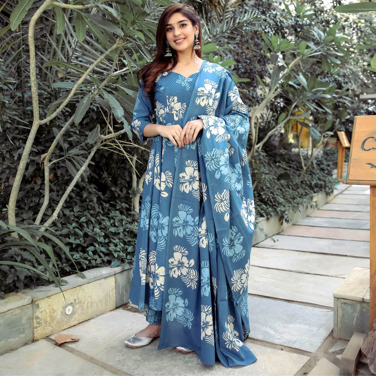 Blue Discharge Printed Anarkali Set