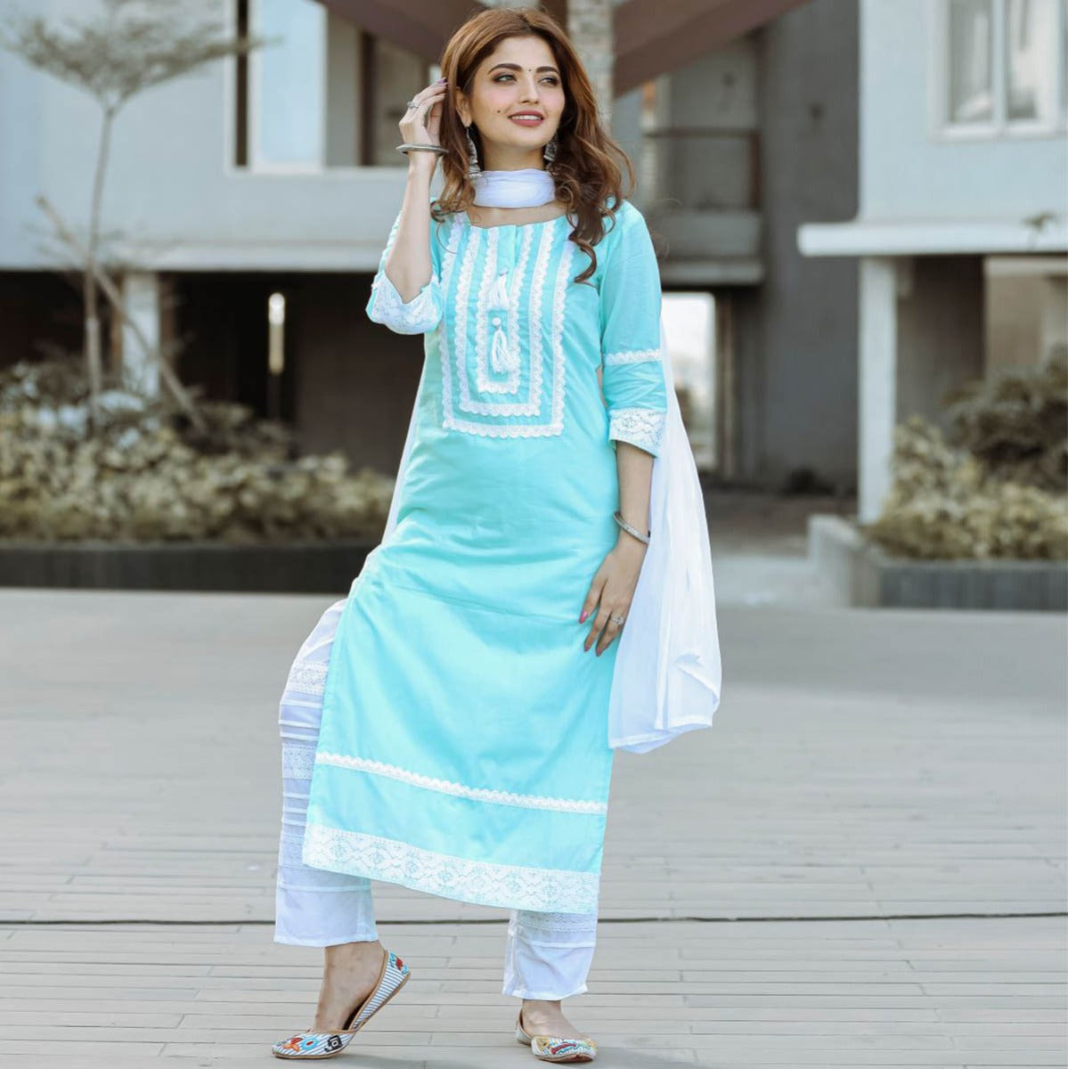 Blue Straight Cut Salwar Suit With Dupatta