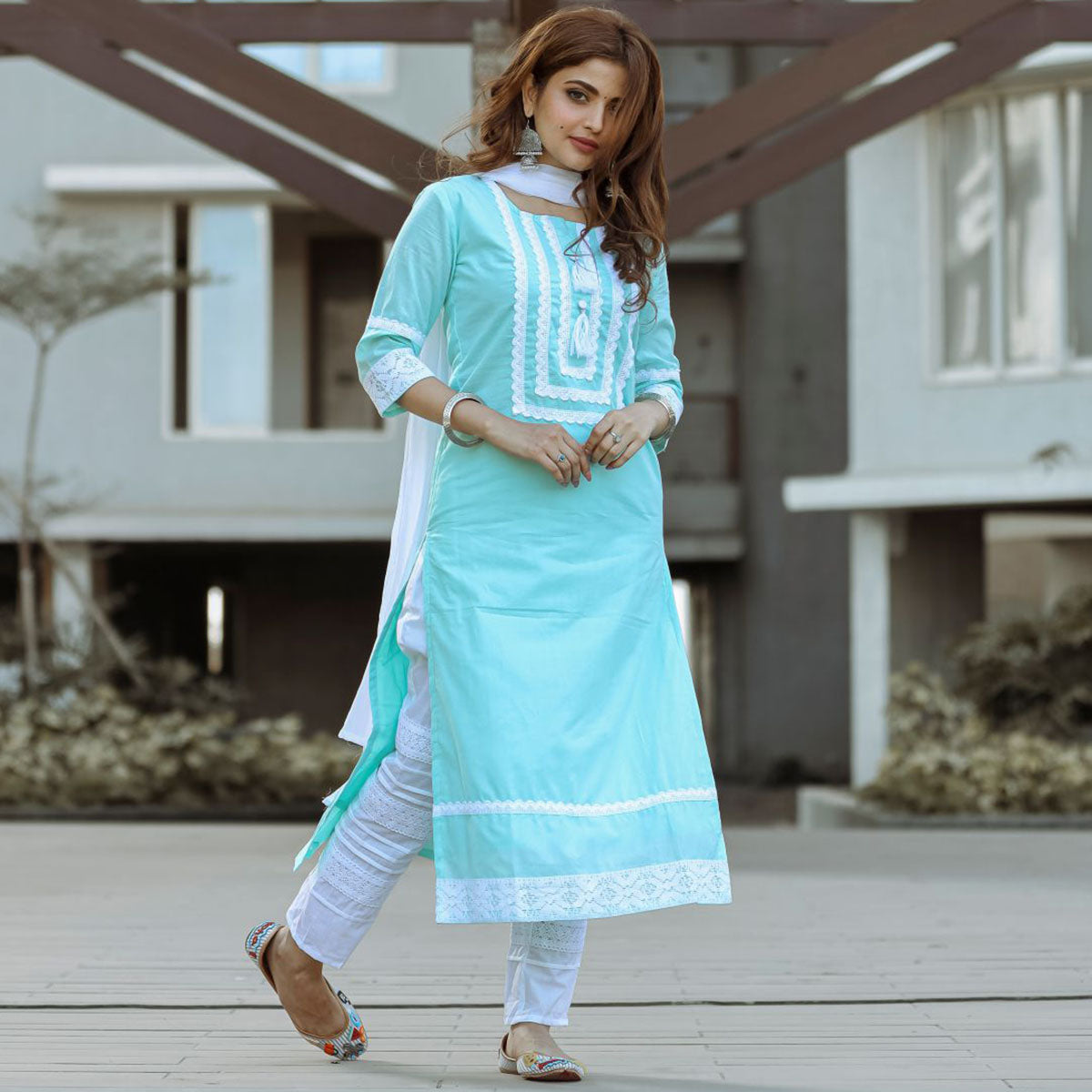 Blue Straight Cut Salwar Suit With Dupatta