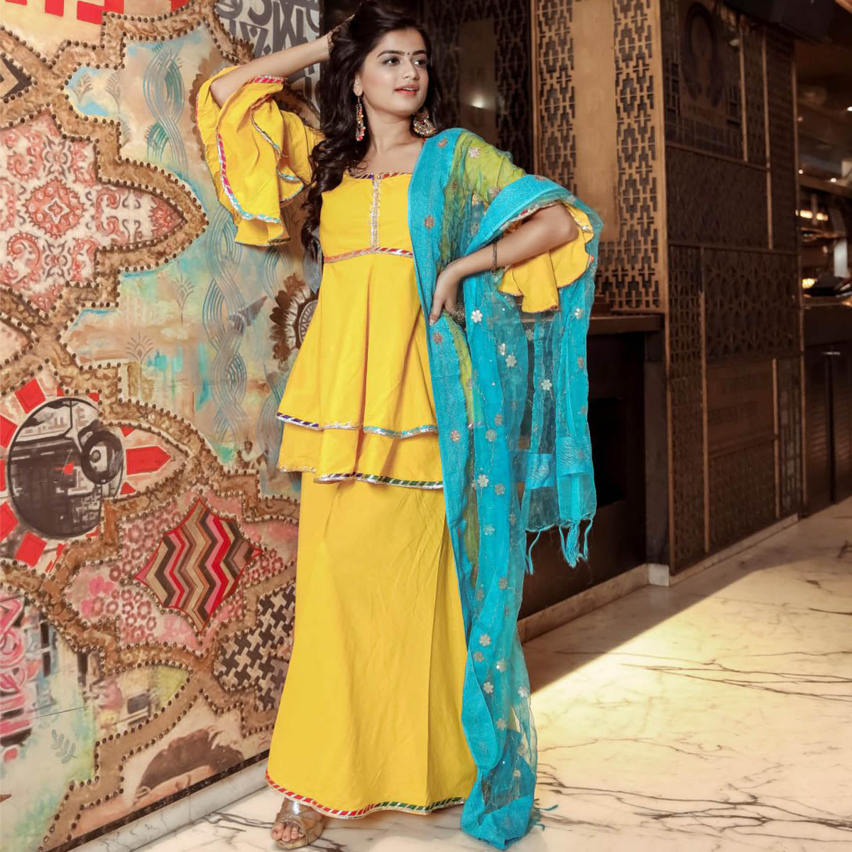 Bright Yellow Peplum Style Sharara Set