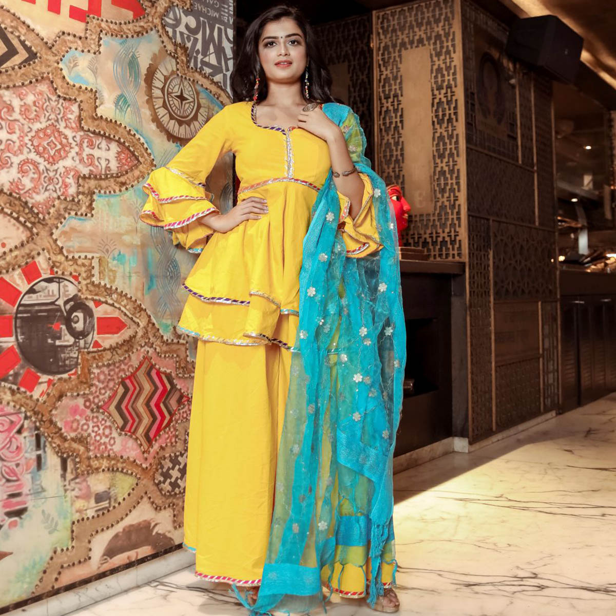 Bright Yellow Peplum Style Sharara Set