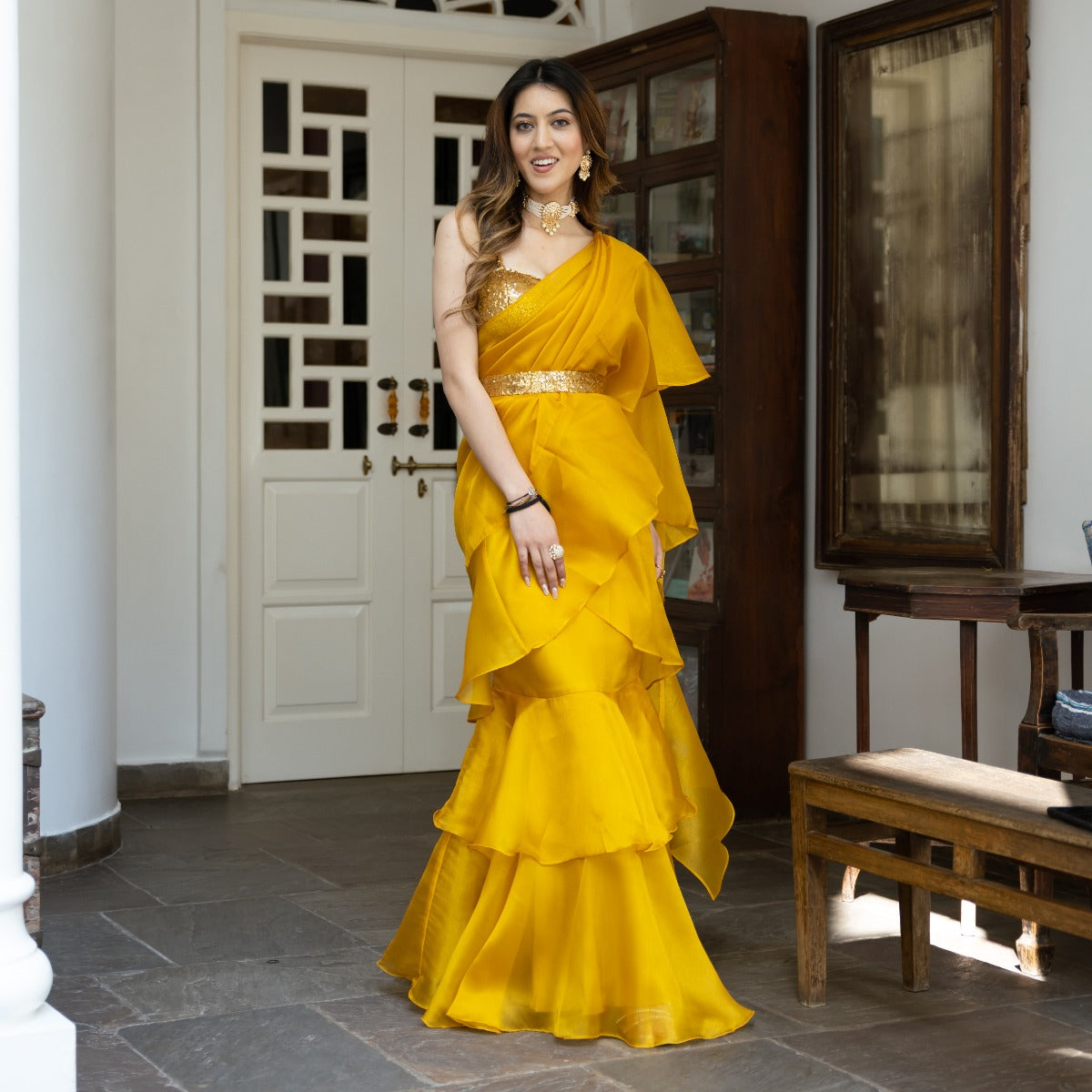 Yellow Sequin Organza Ruffled Saree