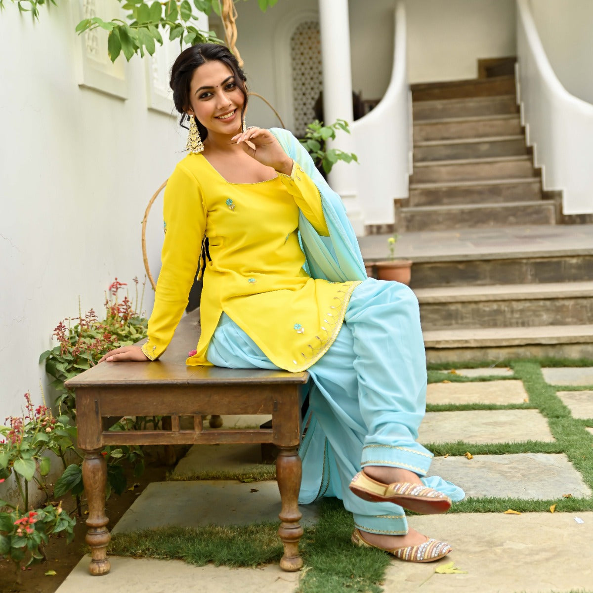 Yellow and Blue Kurta and Patiala Set