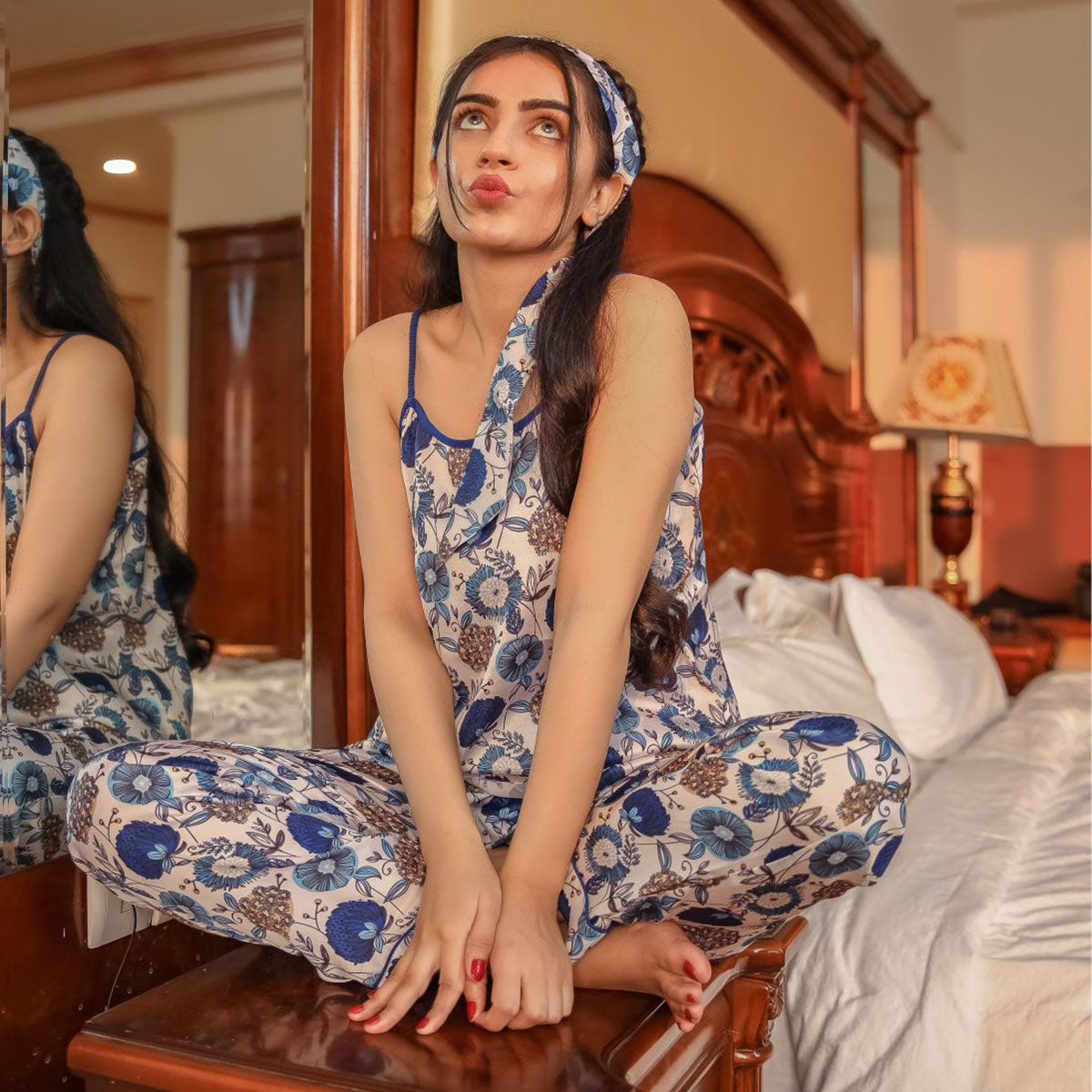 Floral Printed Satin Nightwear Set