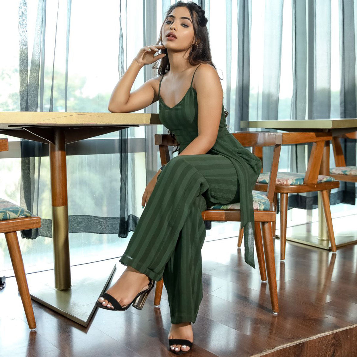 Green Chiffon Stripe Jumpsuit