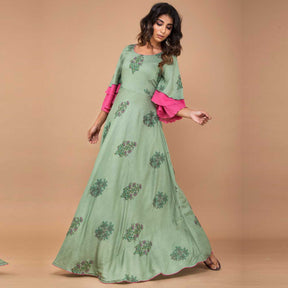 Green Floral Printed long Dress