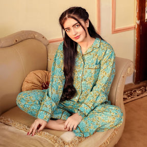 Green Handblock Printed Sleepwear Set