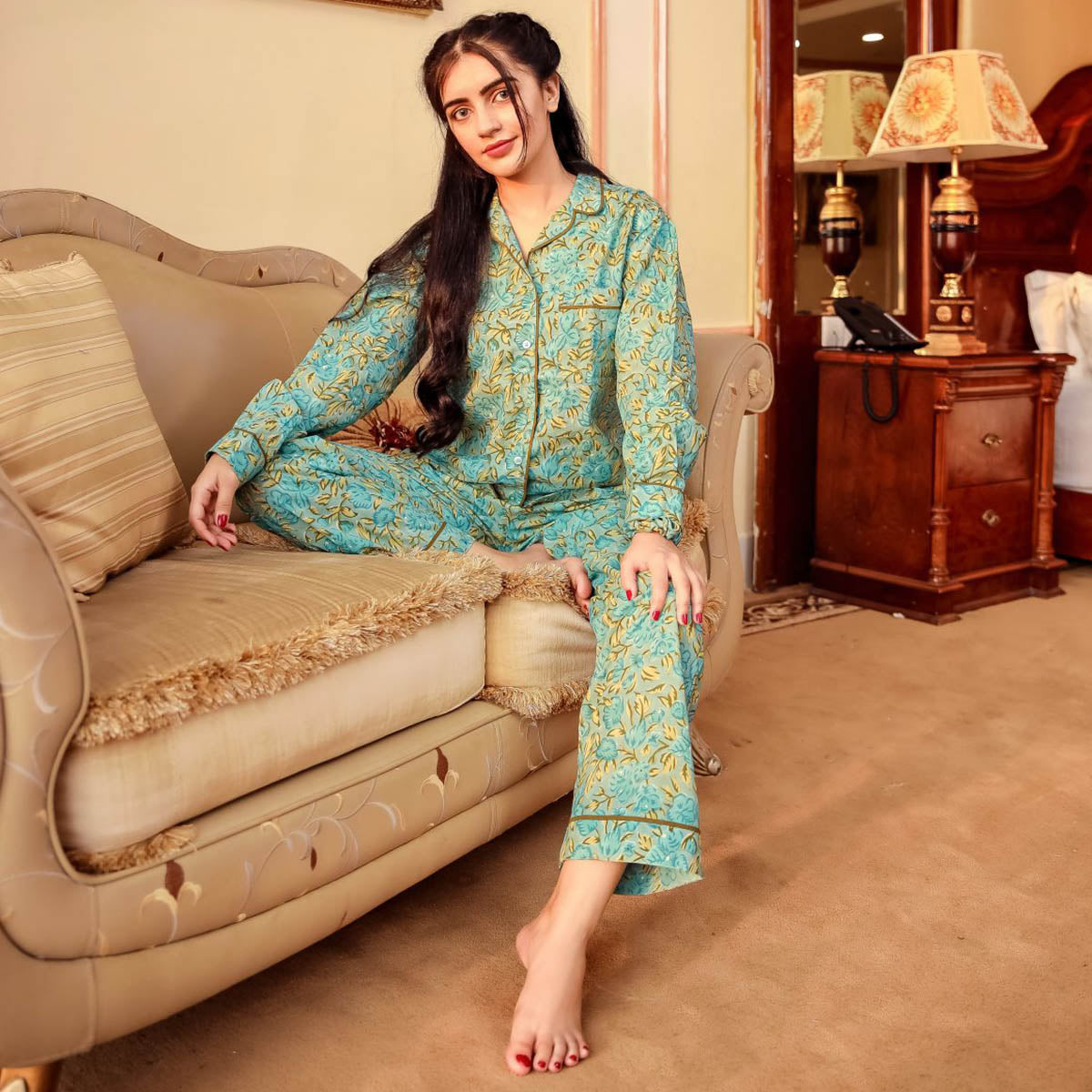 Green Handblock Printed Sleepwear Set