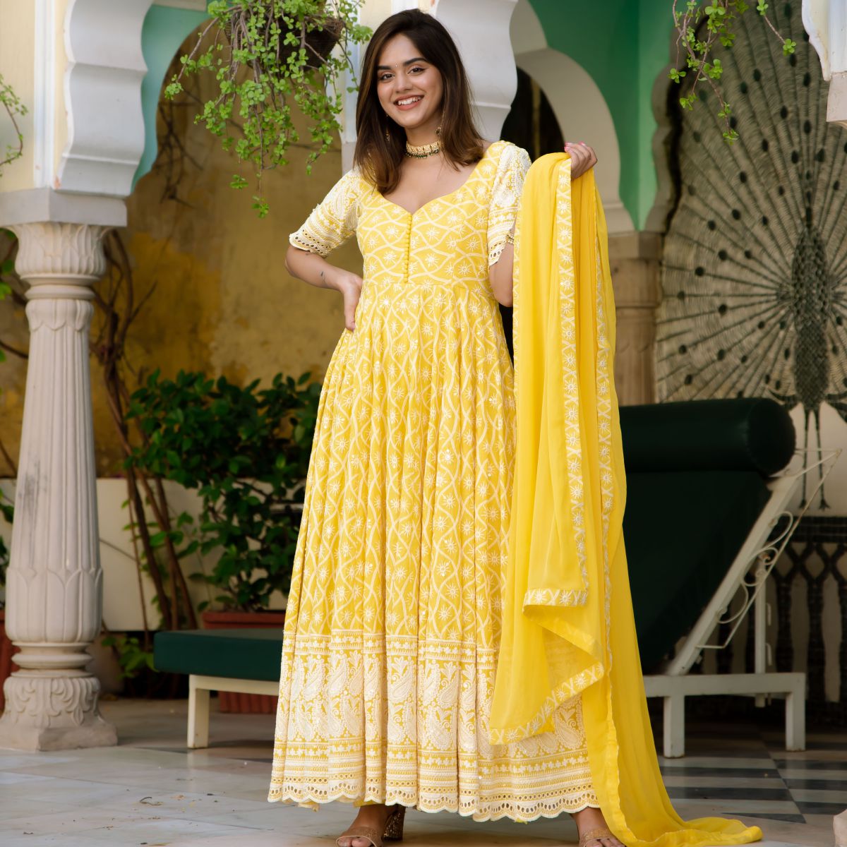 Yellow Embroidery Anarkali Set