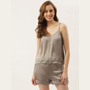 Bride Embroidered Grey Silk Shorts With Camisole Set