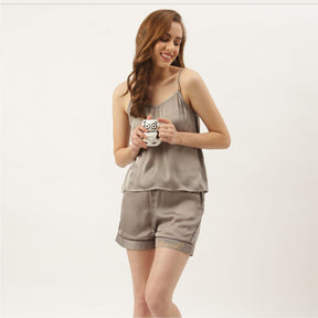 Bridesmaid Embroidered Grey Silk Shorts With Camisole Set