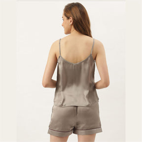 Bridesmaid Embroidered Grey Silk Shorts With Camisole Set