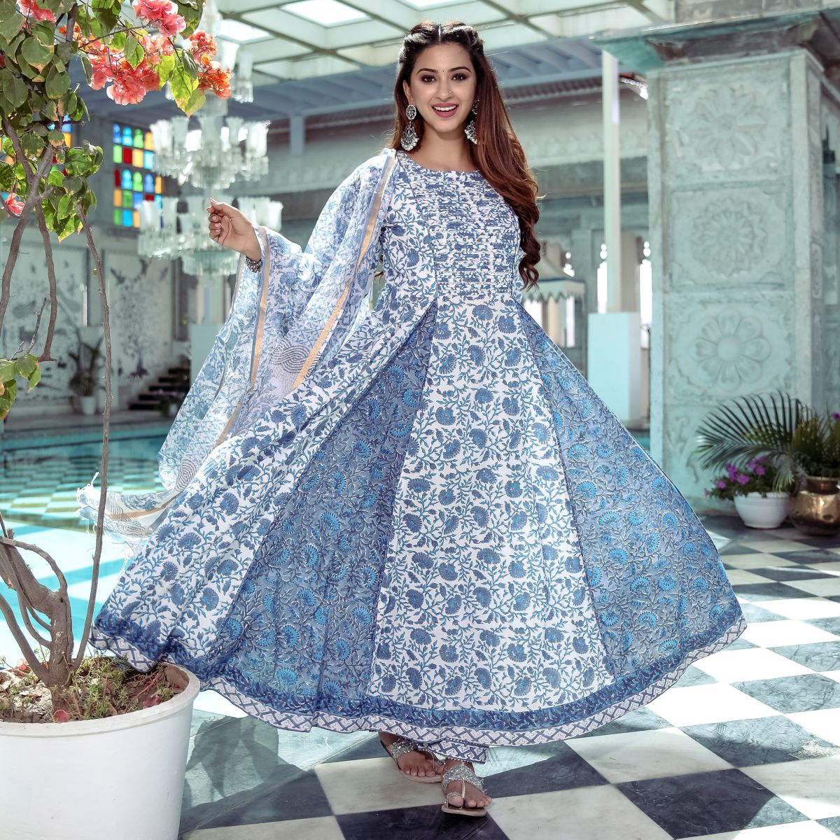 Blue Printed Anarkali Set