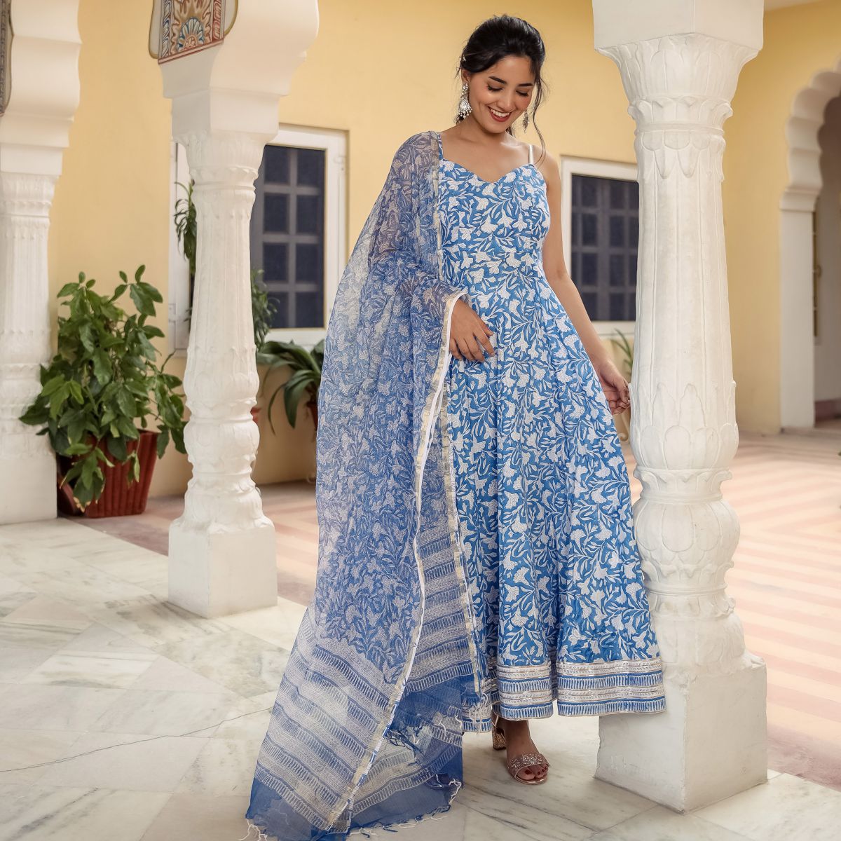 Blue Handblock Anarkali Set