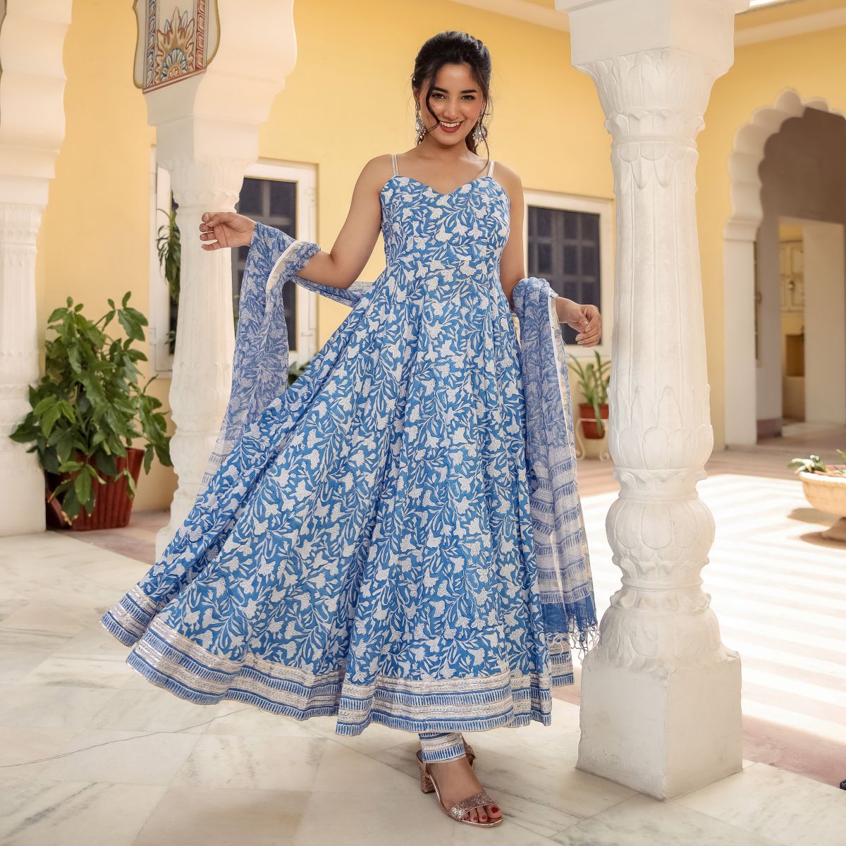 Blue Handblock Anarkali Set