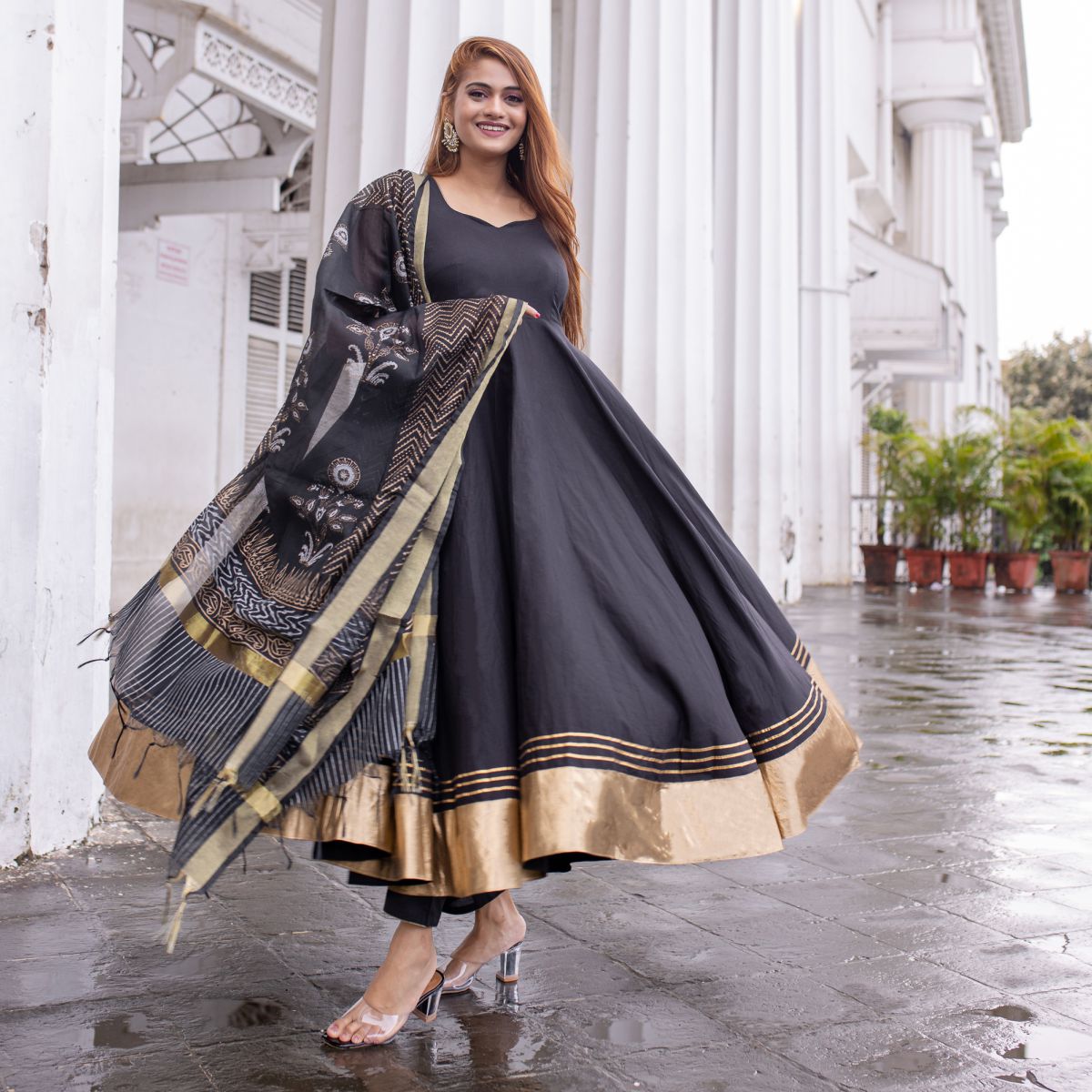 Black Cotton Anarkali Set