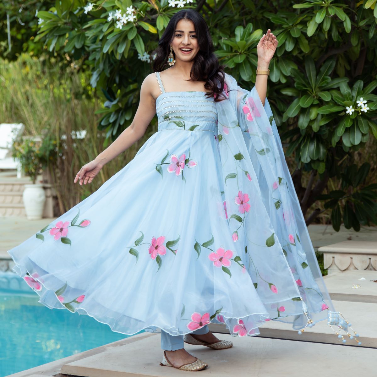 Blue Organza Handpainted Anarkali Set