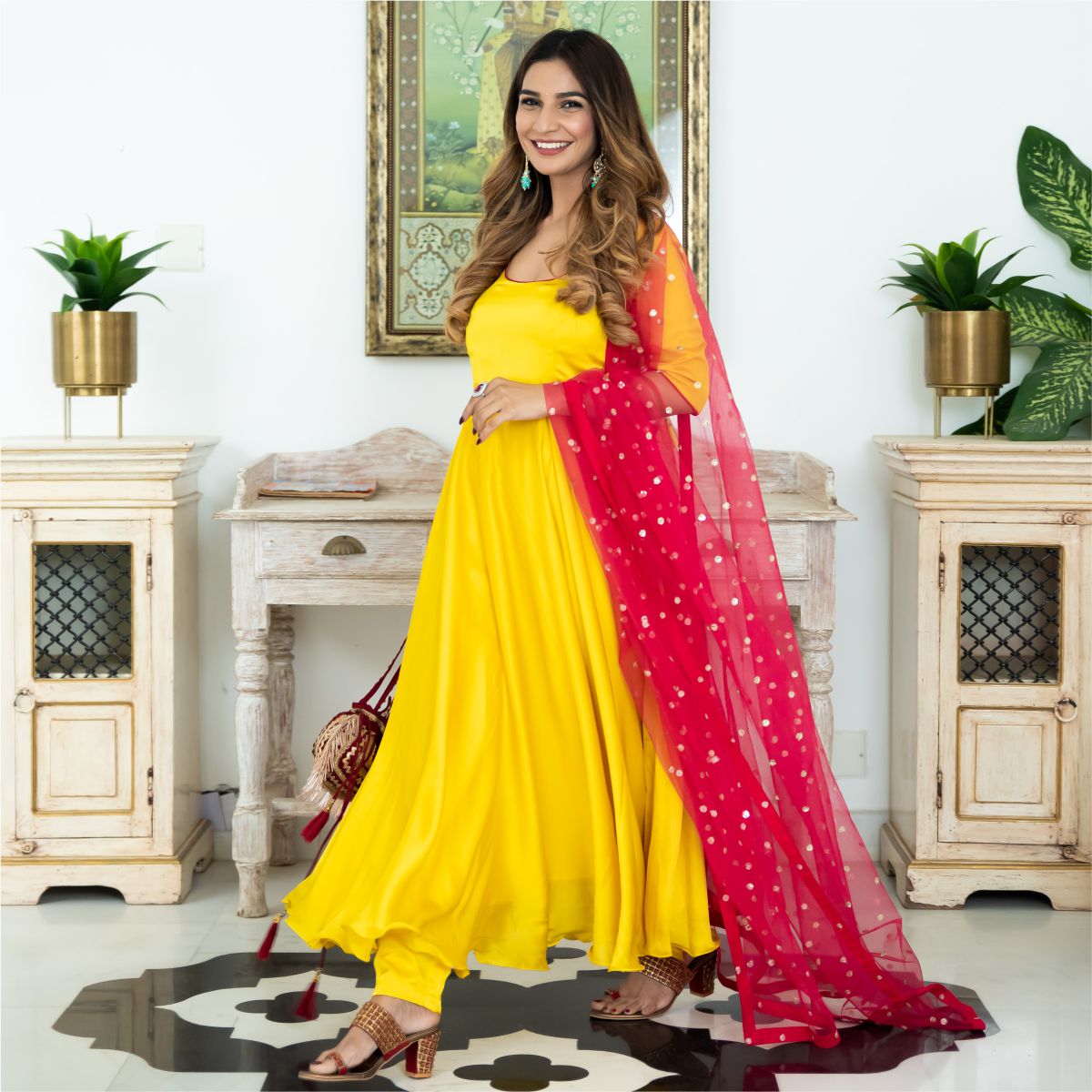 Yellow & Pink Silk Anarkali Set