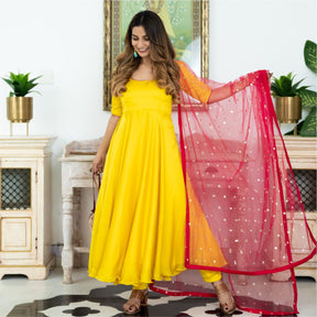 Yellow & Pink Silk Anarkali Set