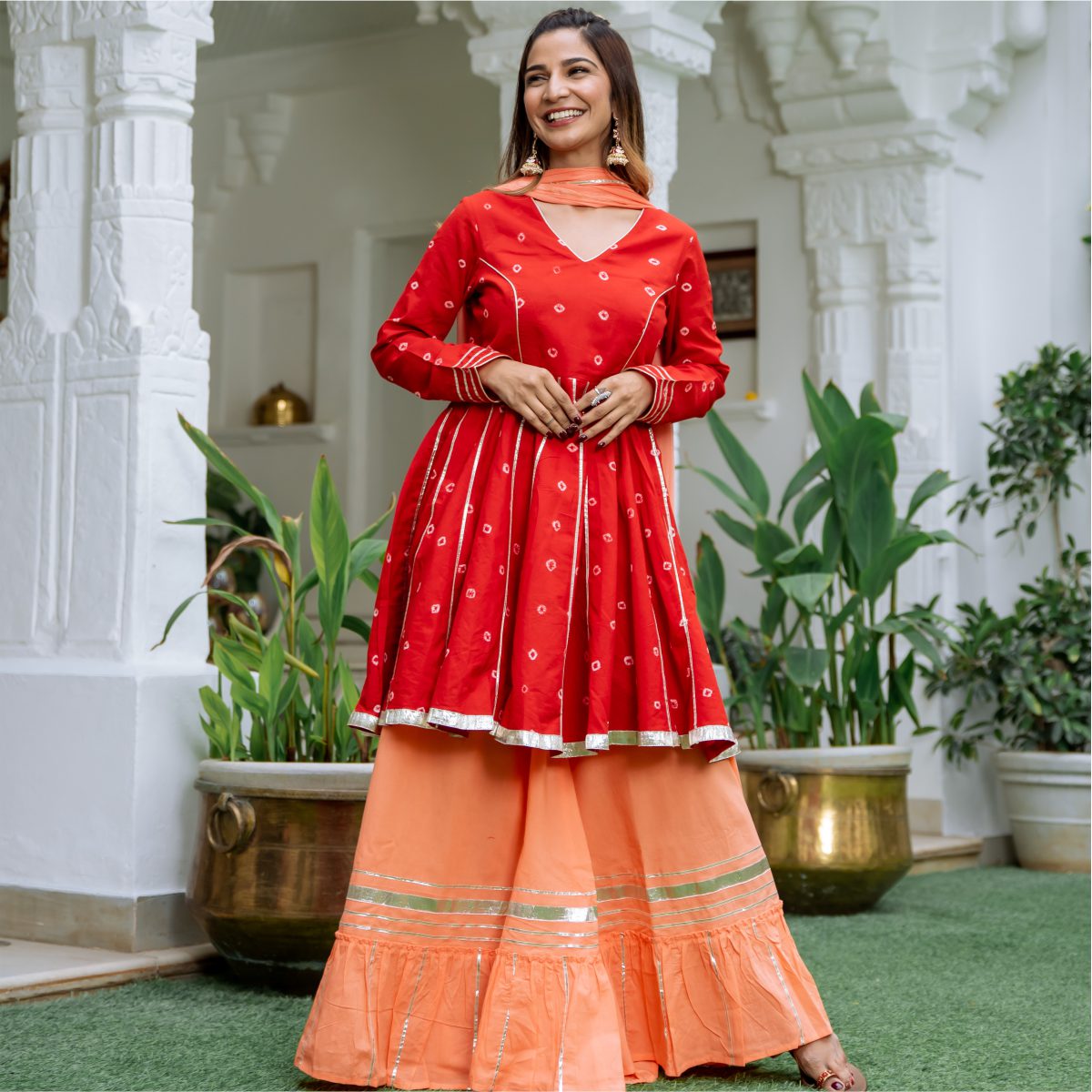 Red Bandhani Tie-Dye Kurta and Palazzo Set