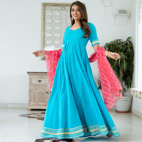 Blue Cotton Flared Anarkali With Dupatta