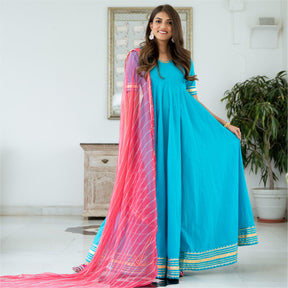 Blue Cotton Flared Anarkali With Dupatta