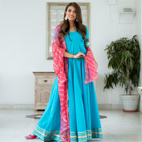 Blue Cotton Flared Anarkali With Dupatta