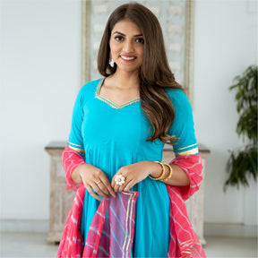 Blue Cotton Flared Anarkali With Dupatta