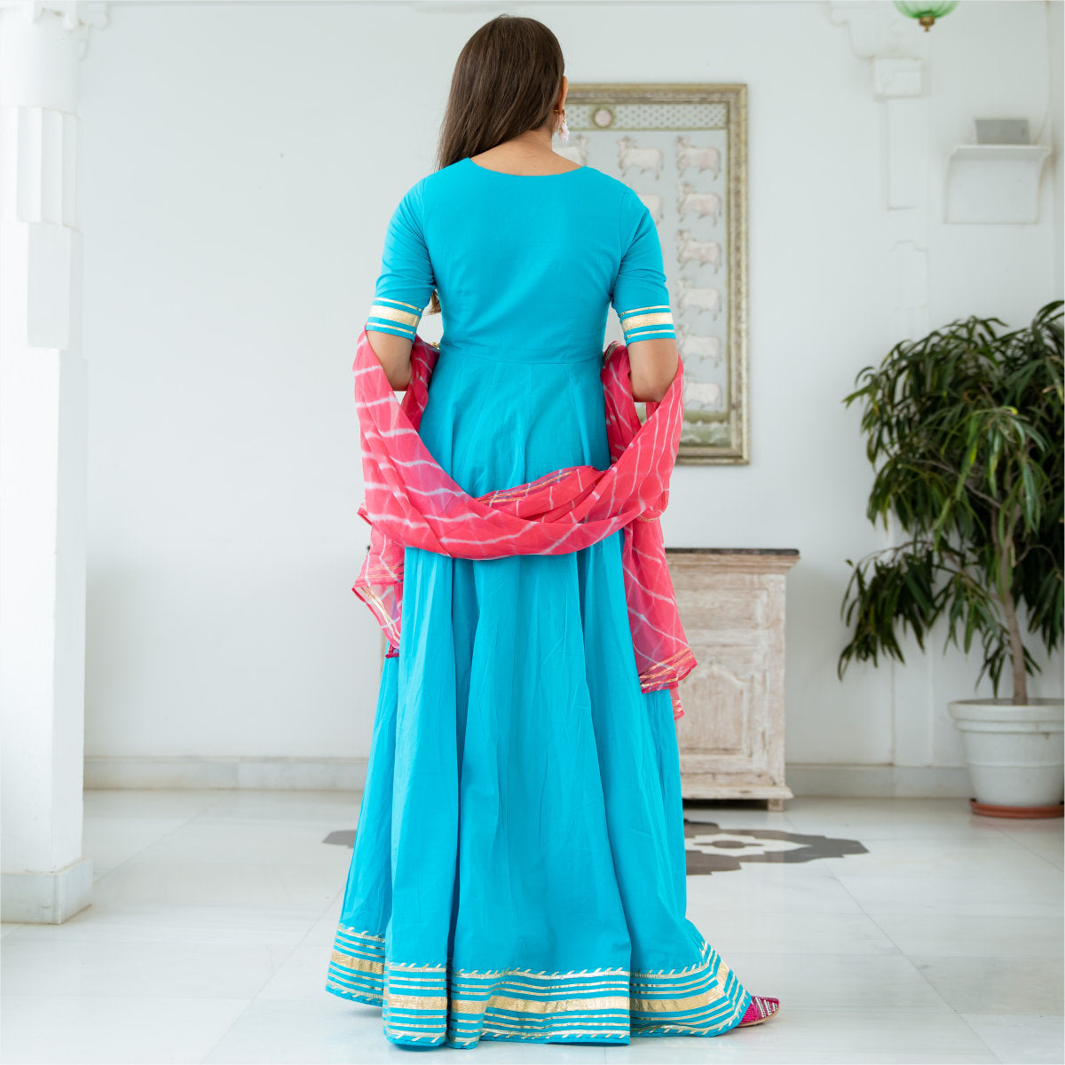 Blue Cotton Flared Anarkali With Dupatta