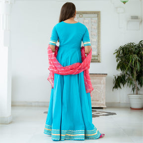 Blue Cotton Flared Anarkali With Dupatta