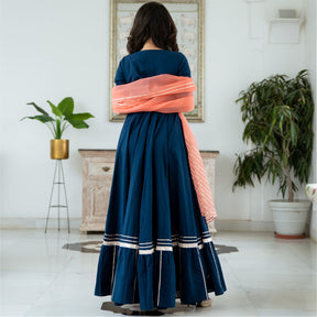 Blue Cotton Flared Anarkali With Dupatta