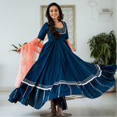 Blue Cotton Flared Anarkali With Dupatta