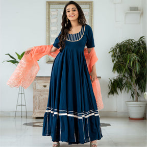 Blue Cotton Flared Anarkali With Dupatta