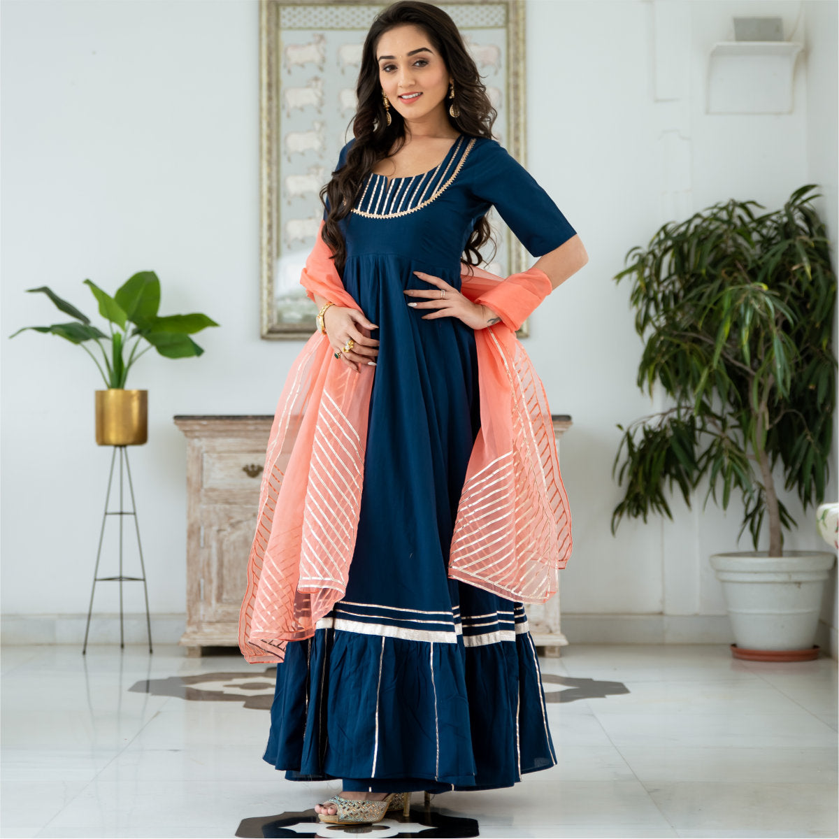 Blue Cotton Flared Anarkali With Dupatta